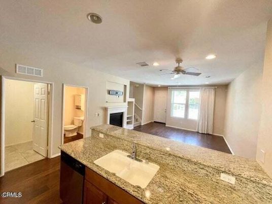 Bathroom, Fireplace, Interior, Recessed Lighting, Wood Texture Flooring