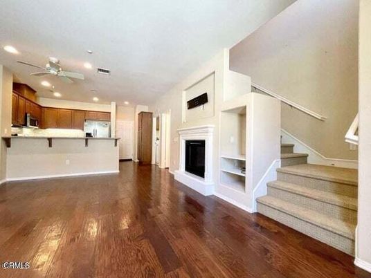 Fireplace, Interior, Kitchen, Recessed Lighting, Wood Texture Flooring