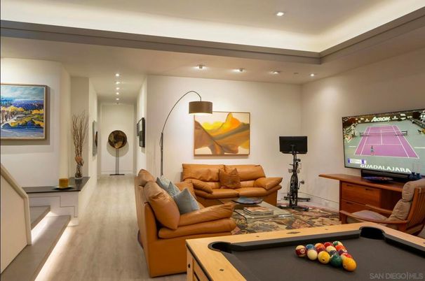 Billiard Table, Fitness Equipment, Game Room, Interior, Living room, Recessed Lighting, Wood Texture Flooring