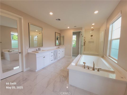 Bathroom, Dual Sink Vanities, Glass Shower, Interior, Marble, Recessed Lighting