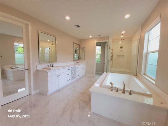 Bathroom, Dual Sink Vanities, Glass Shower, Interior, Marble, Recessed Lighting