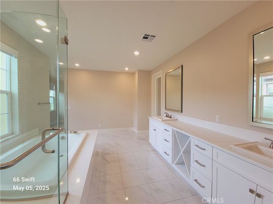 Bathroom, Dual Sink Vanities, Glass Shower, Interior, Marble, Recessed Lighting