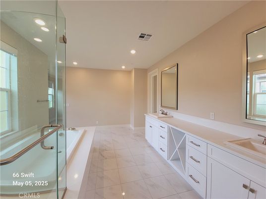 Bathroom, Dual Sink Vanities, Glass Shower, Interior, Marble, Recessed Lighting