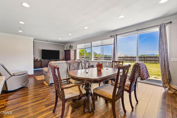Dining room, Interior, Living room, Recessed Lighting, Wood Texture Flooring