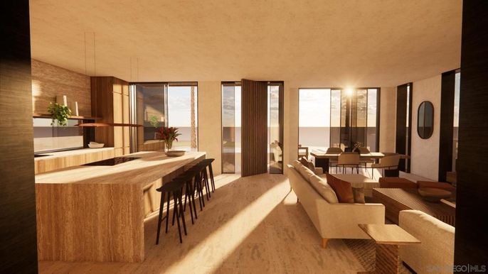 Dining room, Interior, Kitchen, Living room, Pendant Lights, Stone Walls, Wood Texture Flooring