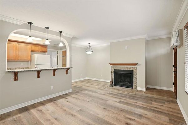 Fireplace, Interior, Kitchen, Pendant Lights, Wood Texture Flooring