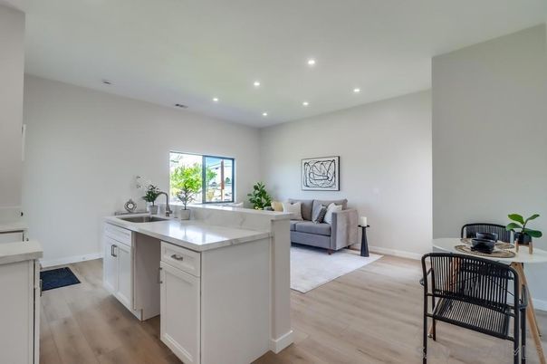 Interior, Kitchen, Living room, Recessed Lighting, Wood Texture Flooring