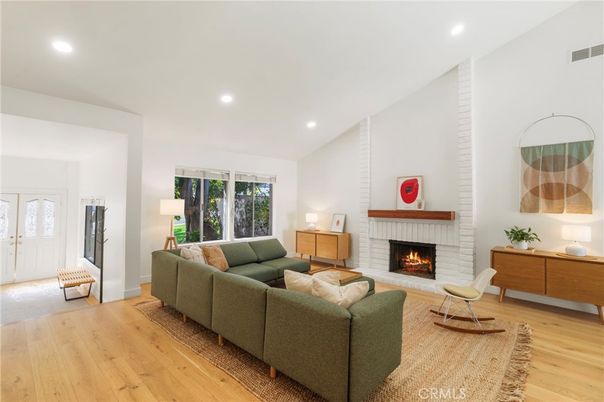 Fireplace, Interior, Living room, Recessed Lighting, Wood Texture Flooring