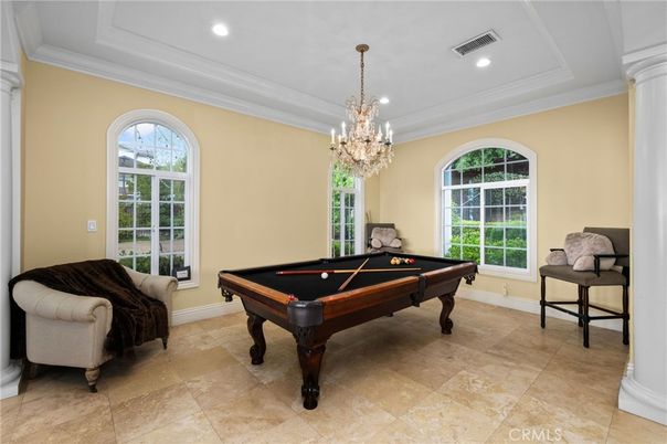 Billiard Table, Chandelier, Game Room, Interior, Recessed Lighting