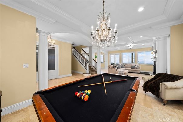 Billiard Table, Chandelier, Game Room, Interior, Living room, Recessed Lighting