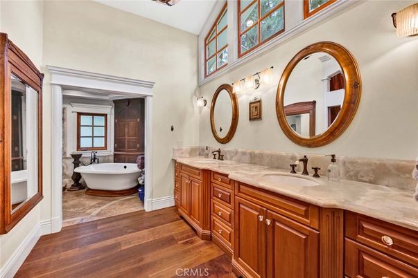 Bathroom, Dual Sink Vanities, Free Standing Baths, Interior, Wood Texture Flooring