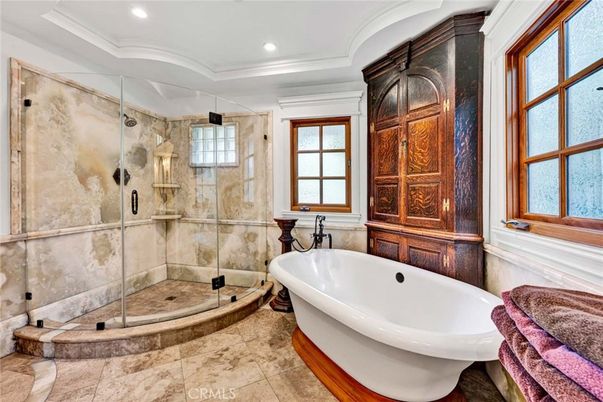 Bathroom, Free Standing Baths, Glass Shower, Interior, Recessed Lighting