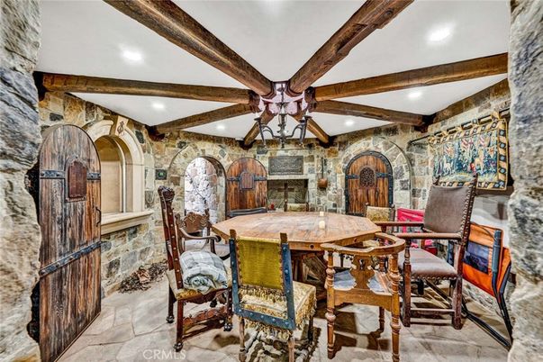 Dining room, Interior, Recessed Lighting, Stone Walls, Wooden Beams