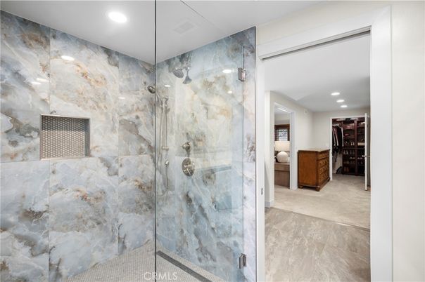 Bathroom, Glass Shower, Interior, Marble Walls, Recessed Lighting