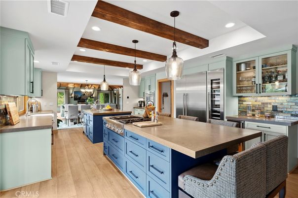 Interior, Kitchen, Pendant Lights, Recessed Lighting, Stainless Steel Appliances, Wooden Beams, Wood Texture Flooring