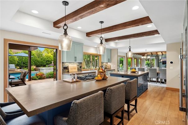 Dining room, Interior, Kitchen, Pendant Lights, Recessed Lighting, Stainless Steel Appliances, Wooden Beams, Wood Texture Flooring