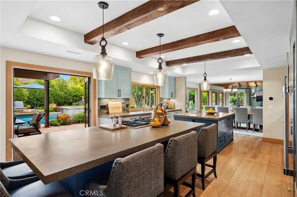 Dining room, Interior, Kitchen, Pendant Lights, Recessed Lighting, Stainless Steel Appliances, Wooden Beams, Wood Texture Flooring