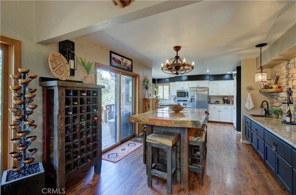 Chandelier, Interior, Kitchen, Pendant Lights, Stainless Steel Appliances, Wood Texture Flooring