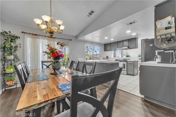 Chandelier, Dining room, Interior, Kitchen, Recessed Lighting, Wood Texture Flooring