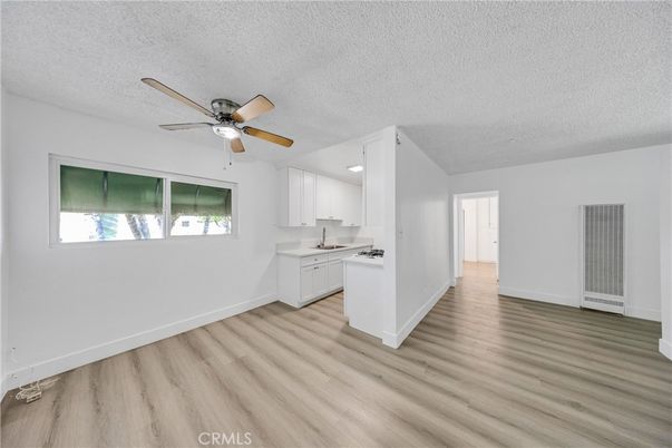 Empty room, Interior, Kitchen, Recessed Lighting, Wood Texture Flooring