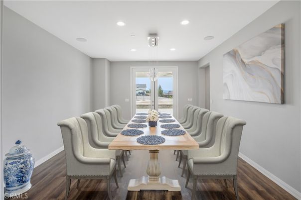 Dining room, Interior, Recessed Lighting, Wood Texture Flooring