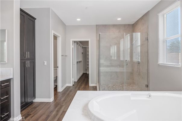 Bathroom, Glass Shower, Interior, Recessed Lighting, Wood Texture Flooring