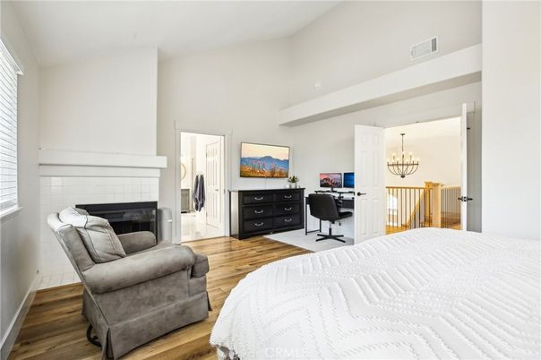 Bedroom, Chandelier, Fireplace, Home Office, Interior, Wood Texture Flooring
