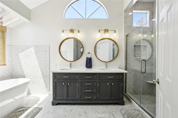 Bathroom, Dual Sink Vanities, Free Standing Baths, Glass Shower, Interior, Marble, Marble Walls
