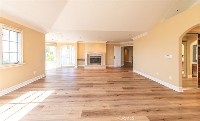Empty room, Fireplace, Interior, Recessed Lighting, Wood Texture Flooring