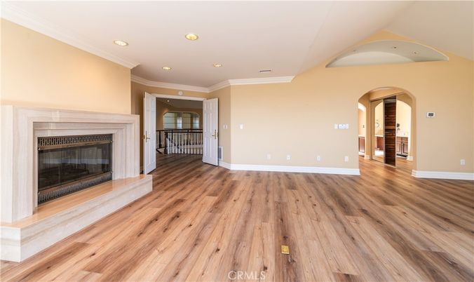 Empty room, Fireplace, Interior, Recessed Lighting, Wood Texture Flooring
