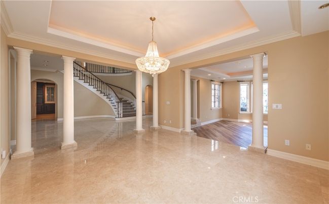 Chandelier, Empty room, Interior, Recessed Lighting, Wood Texture Flooring