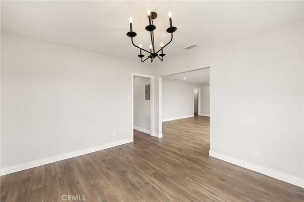 Chandelier, Empty room, Interior, Recessed Lighting, Wood Texture Flooring