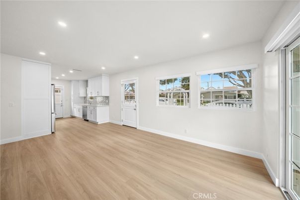 Empty room, Interior, Kitchen, Recessed Lighting, Wood Texture Flooring