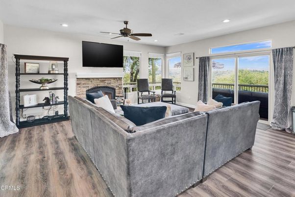 Fireplace, Interior, Living room, Recessed Lighting, Wood Texture Flooring