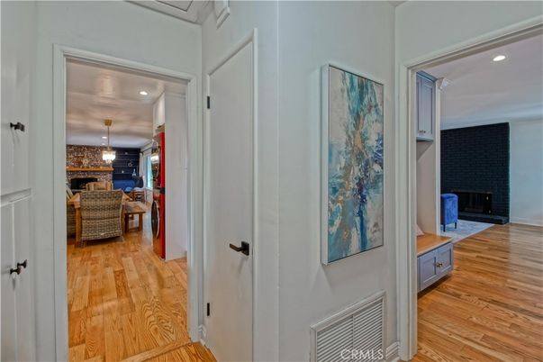 Dining room, Fireplace, Interior, Kitchen, Pendant Lights, Recessed Lighting, Stone Walls, Wood Texture Flooring