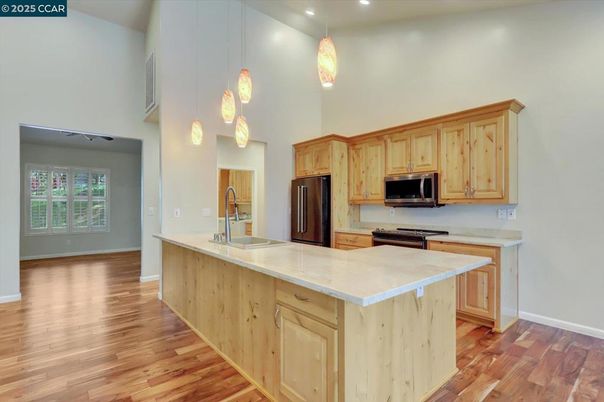 Interior, Kitchen, Pendant Lights, Recessed Lighting, Wood Texture Flooring