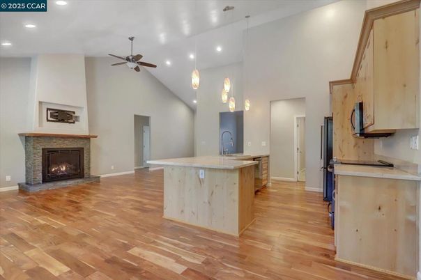 Fireplace, Interior, Kitchen, Pendant Lights, Recessed Lighting, Wood Texture Flooring