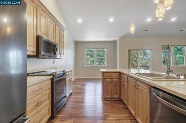 Interior, Kitchen, Pendant Lights, Recessed Lighting, Stainless Steel Appliances, Wood Texture Flooring