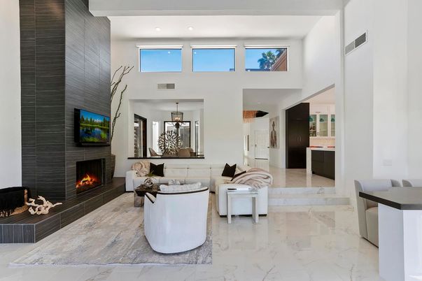 Fireplace, Interior, Living room, Marble, Pendant Lights, Recessed Lighting