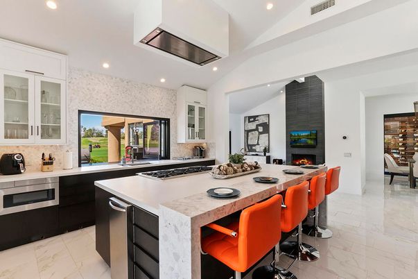 Fireplace, Interior, Kitchen, Marble, Recessed Lighting, Stainless Steel Appliances
