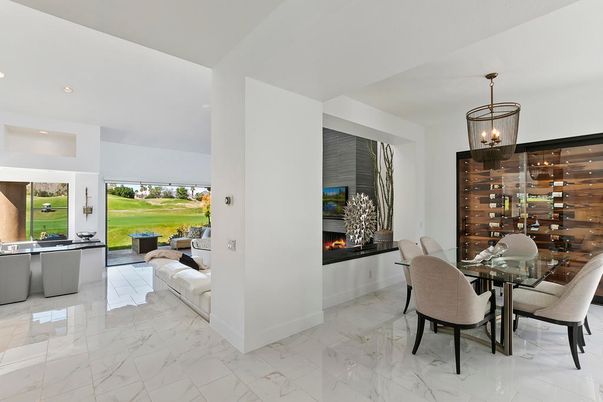 Dining room, Fireplace, Interior, Marble, Pendant Lights, Recessed Lighting, Wine Storage
