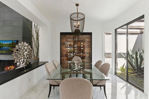 Dining room, Fireplace, Interior, Marble, Pendant Lights, Wine Storage