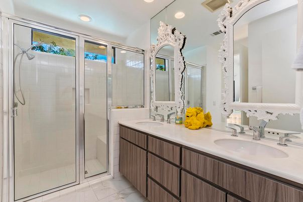 Bathroom, Dual Sink Vanities, Glass Shower, Interior, Marble, Recessed Lighting