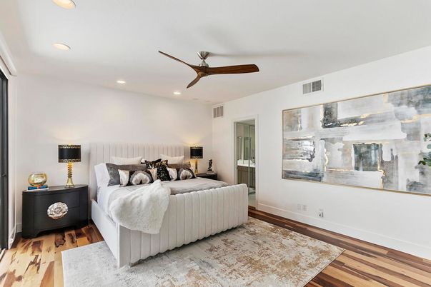 Bedroom, Interior, Recessed Lighting, Wood Texture Flooring