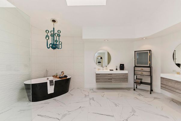 Bathroom, Dual Sink Vanities, Free Standing Baths, Interior, Marble, Pendant Lights, Recessed Lighting