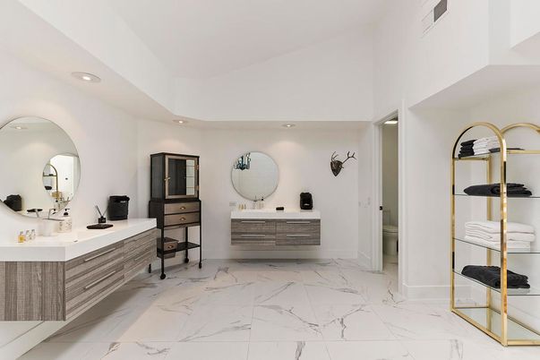 Bathroom, Dual Sink Vanities, Interior, Marble, Recessed Lighting