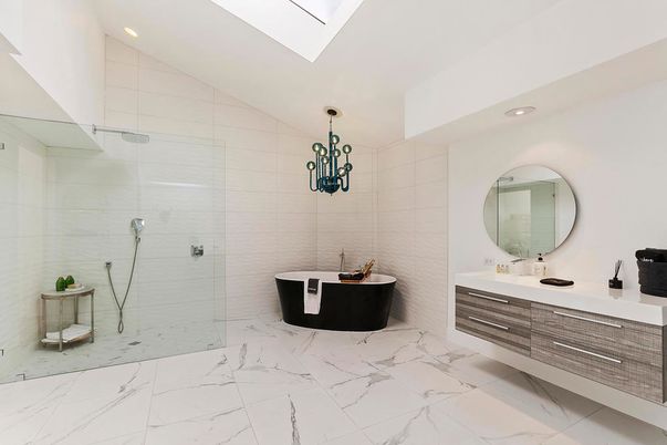 Bathroom, Dual Sink Vanities, Free Standing Baths, Glass Shower, Interior, Marble, Pendant Lights, Recessed Lighting