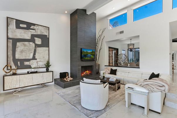 Fireplace, Interior, Living room, Marble, Pendant Lights, Recessed Lighting