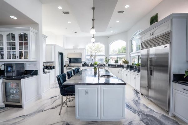 Interior, Kitchen, Marble, Pendant Lights, Recessed Lighting, Stainless Steel Appliances