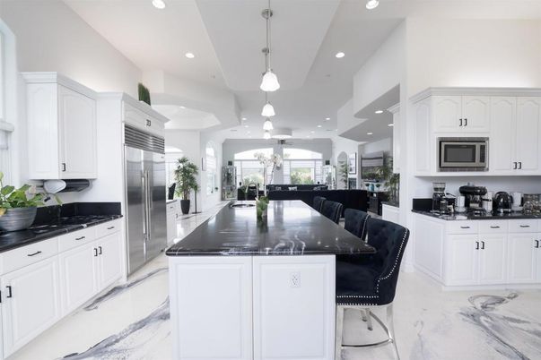 Interior, Kitchen, Marble, Pendant Lights, Recessed Lighting, Stainless Steel Appliances